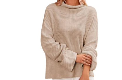 High Collar Slit Hemline Bell Sleeve Sweater