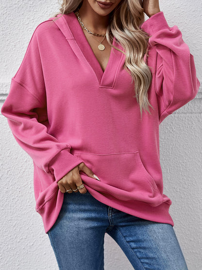 Solid Color Hooded Kangaroo Pocket Long-Sleeve Sweatshirt