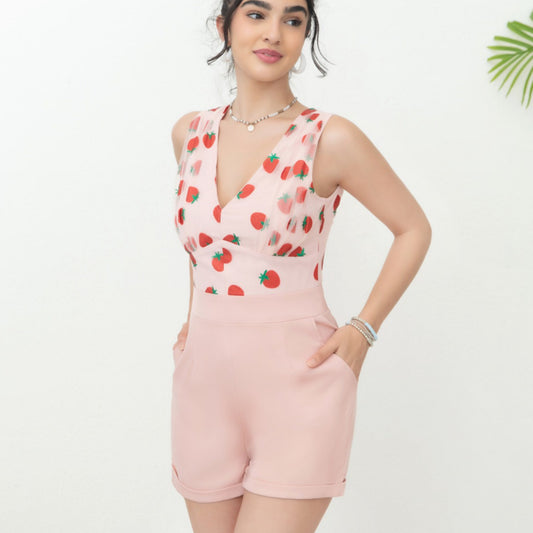 Cute V-neck Strawberry Mesh Stitching Romper