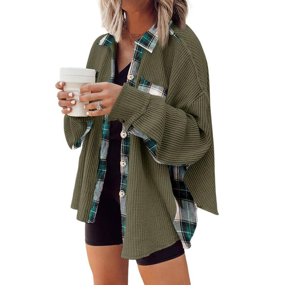 Casual Waffle Plaid Knitted Jacket