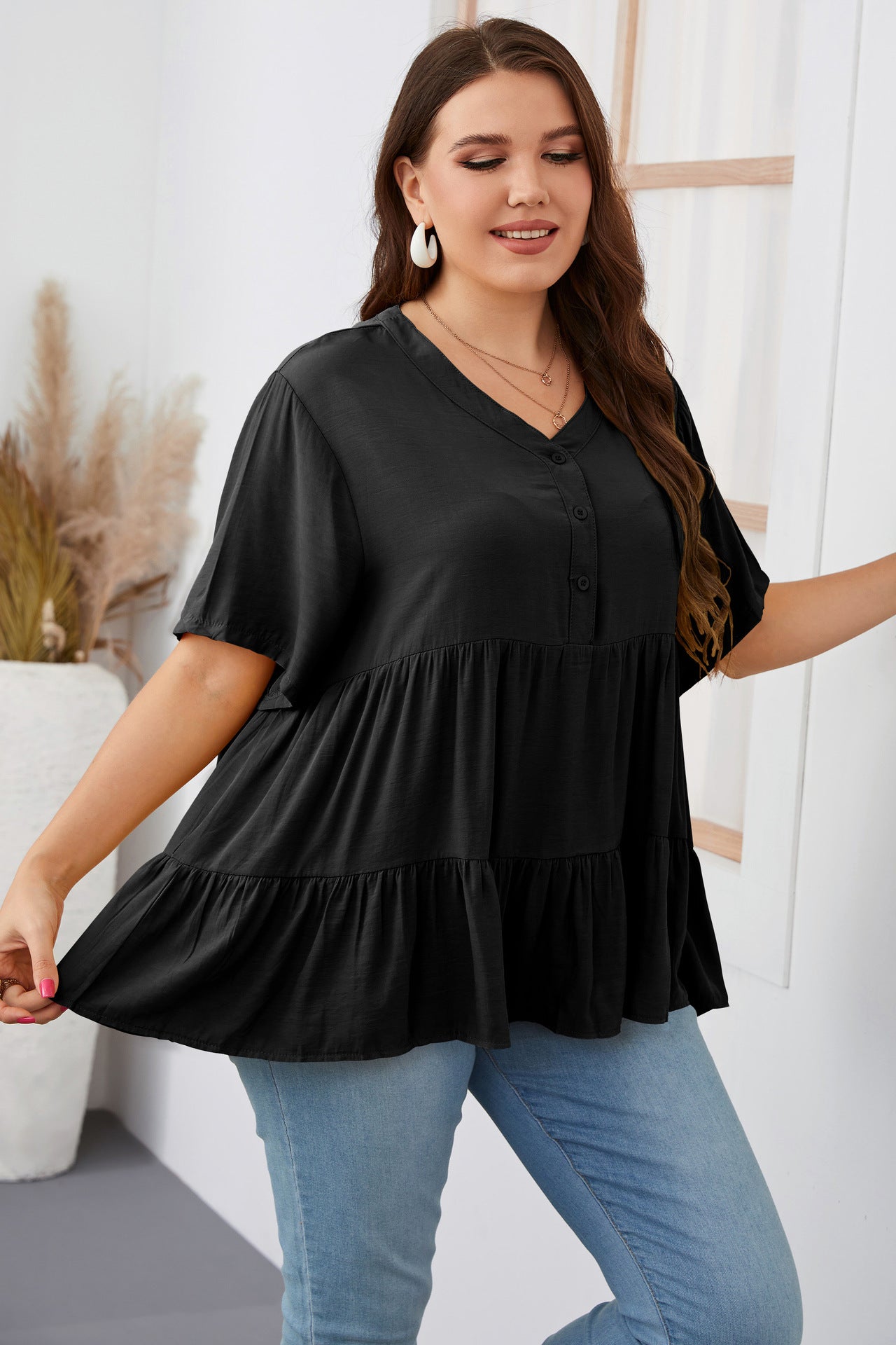 Plus Size Short Sleeve Fluffy Shirt Loose Top