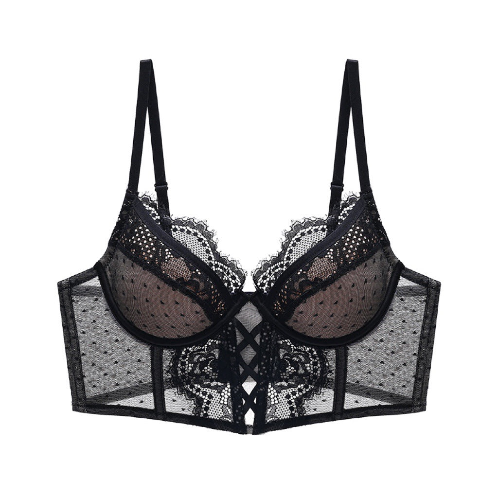 French Transparent Lace Corset Thin Cup Soft Steel Ring Boning Corset Push-up Bra Set