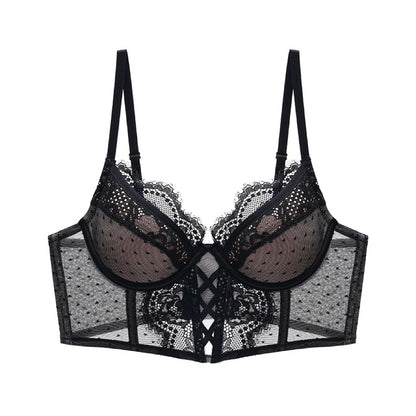 French Transparent Lace Corset Thin Cup Soft Steel Ring Boning Corset Push-up Bra Set