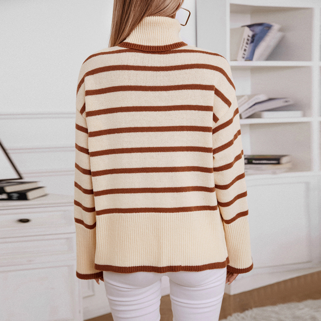 Knitting Pullover Collared Striped Turtleneck Sweater