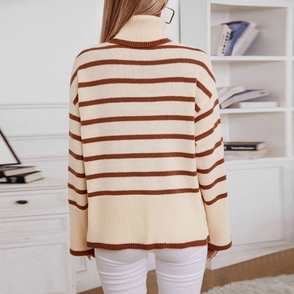 Knitting Pullover Collared Striped Turtleneck Sweater