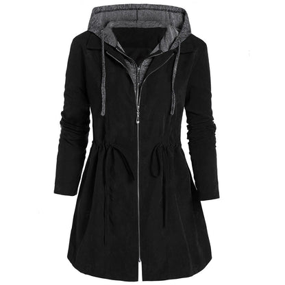 Mid-Length Cotton-Padded Zipper Faux Two-Piece Hooded Plus Size Coat