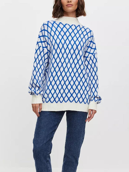 Hit Color Diamond Lattice Loose Round Neck Lantern Sleeve Knitted Pullover Sweater