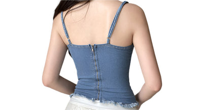 Street Washed Bow Lace Denim Top