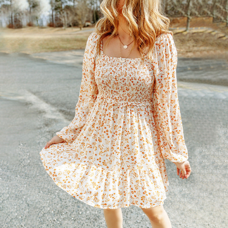 Sweet Puff Sleeve Floral Long Sleeve Dress