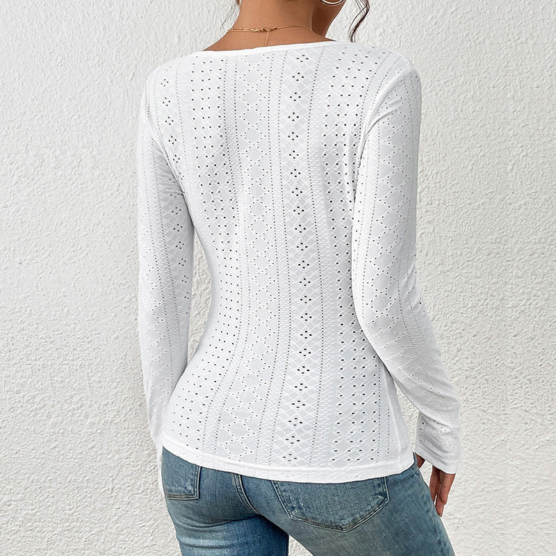 Sexy Embroidered Eyelet Pleated Lace Long Sleeve Top