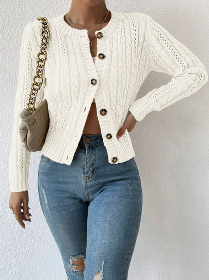 Round Neck Idle Twist Long Sleeve Sweater Cardigan