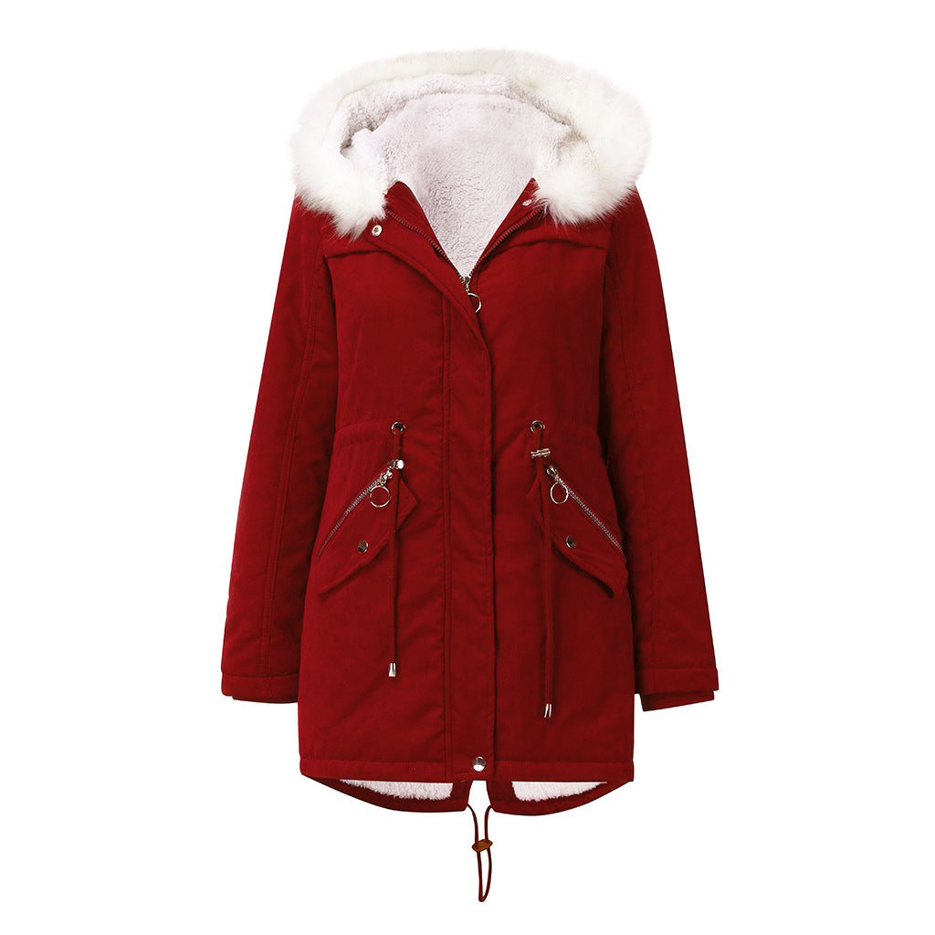 Cotton Padded White Fur Collar Parka Mid Length Hooded Coat