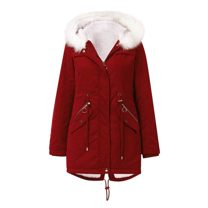 Cotton Padded White Fur Collar Parka Mid Length Hooded Coat