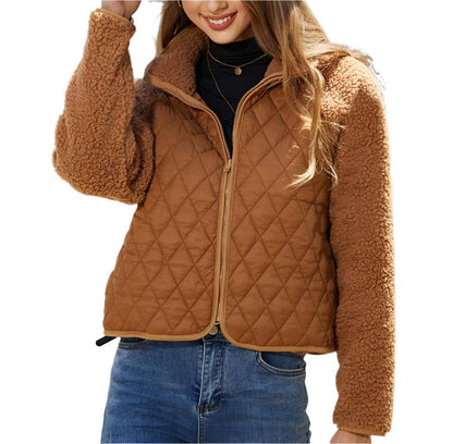 Autumn Winter Zipper Long Sleeve Plush Stitching Coat