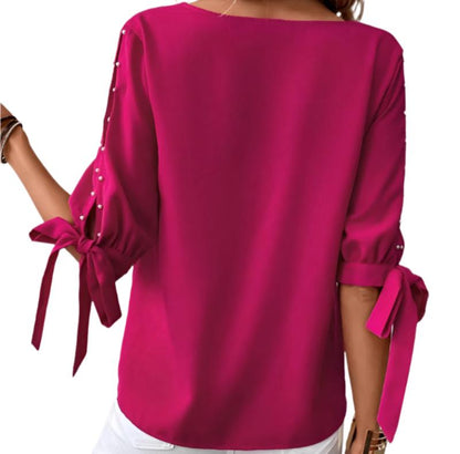 Shoulder Baring Beads Lace-up Sleeves V-neck Top