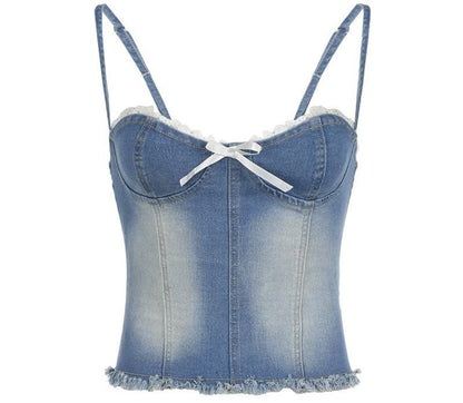 Street Washed Bow Lace Denim Top