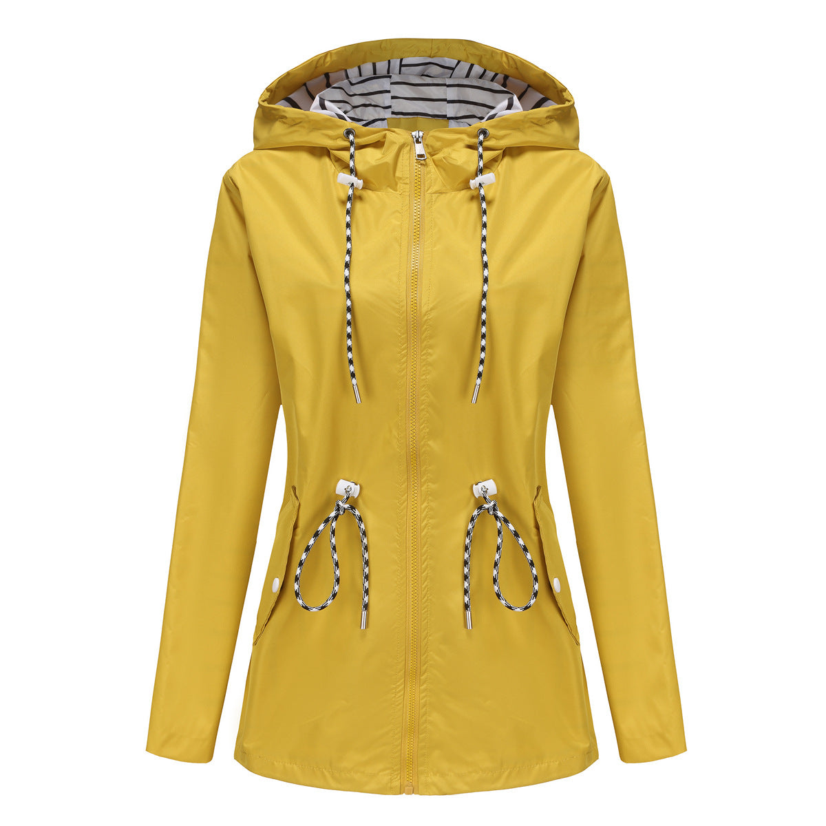 Long Sleeved Waterproof Hooded Mid Length Trench Raincoat