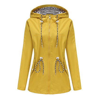 Long Sleeved Waterproof Hooded Mid Length Trench Raincoat