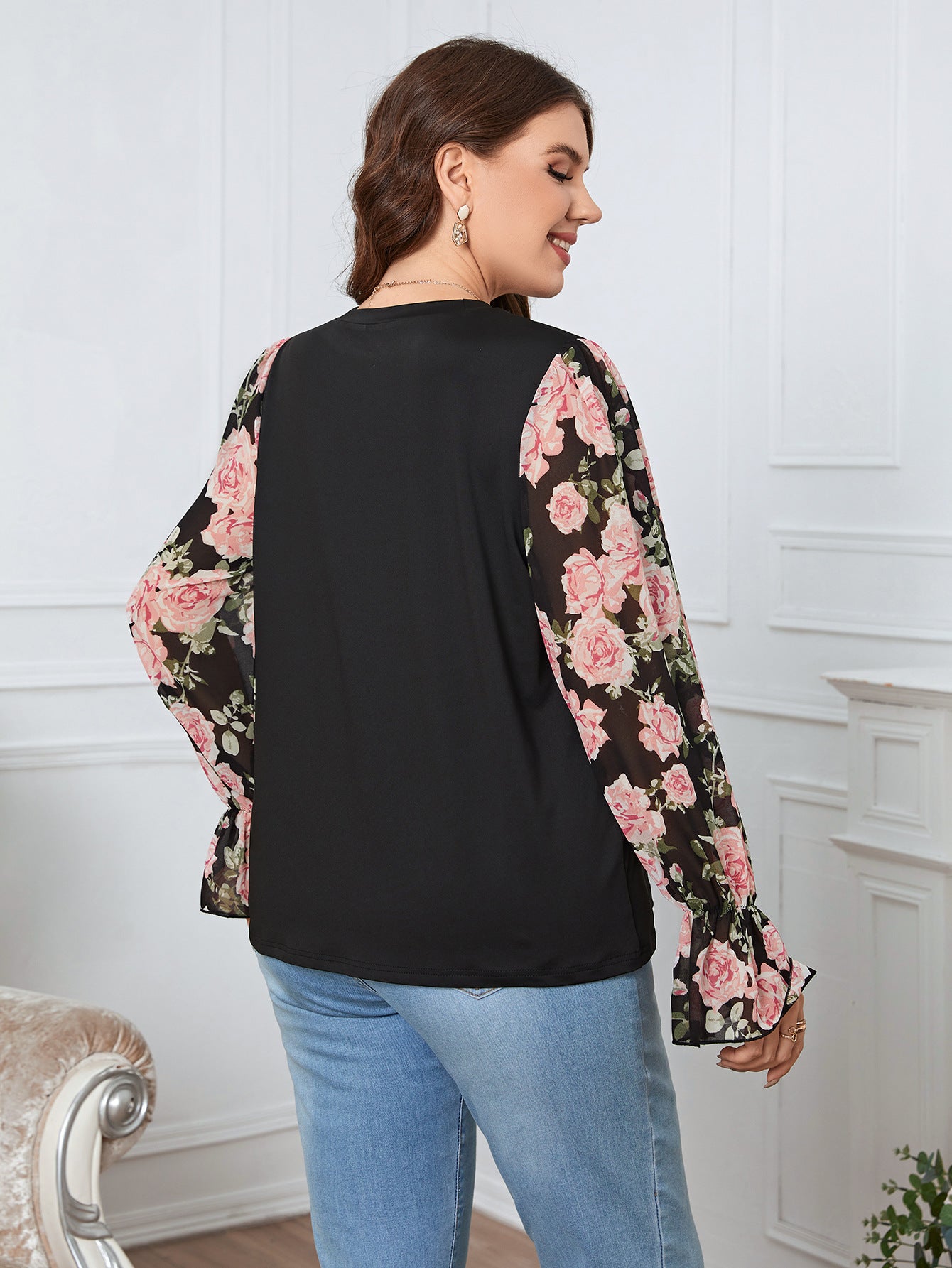 Plus Size Printed Lantern Cuff Shirt Top