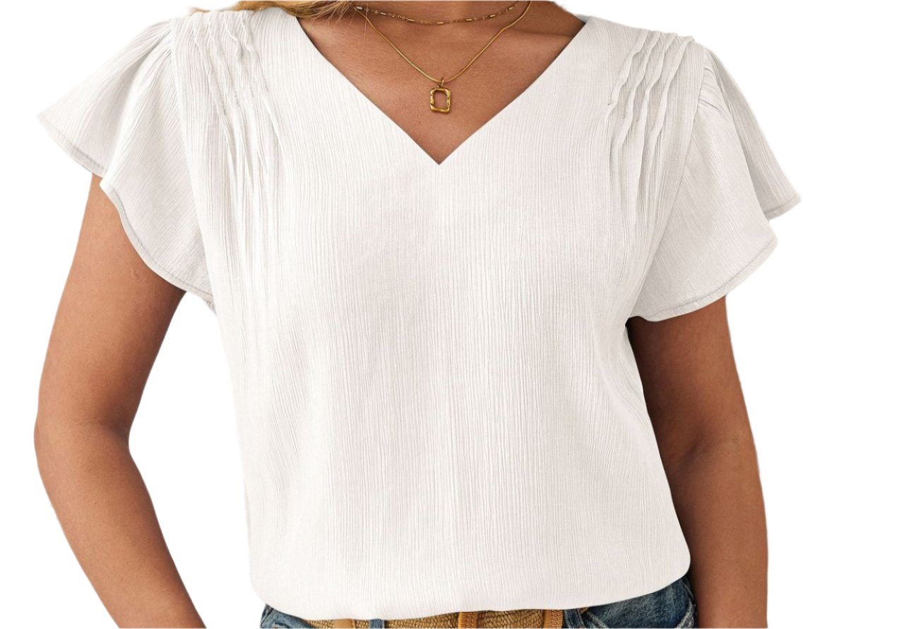 V-neck Fabric Petal Sleeve Loose Top