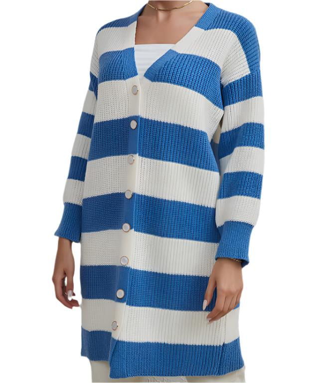 Mid Length Striped Knitted Sweater Cardigan