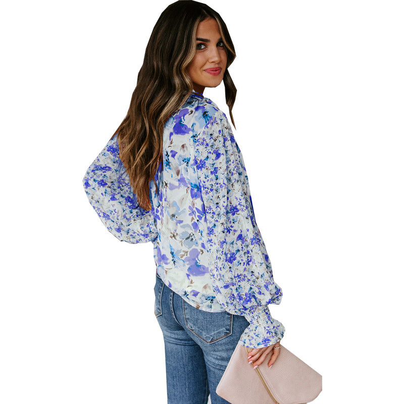 Floral Chiffon Lantern Sleeves Blouse