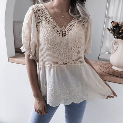 Casual Embroidery Ruffled Short Sleeves V-Neck Crocheted Hollow Cutout Lace Blouse