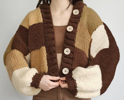 Hooded Button Plaid Knitted Cardigan