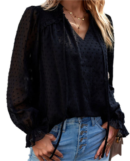 Jacquard Elegant V-neck Long Sleeve Top