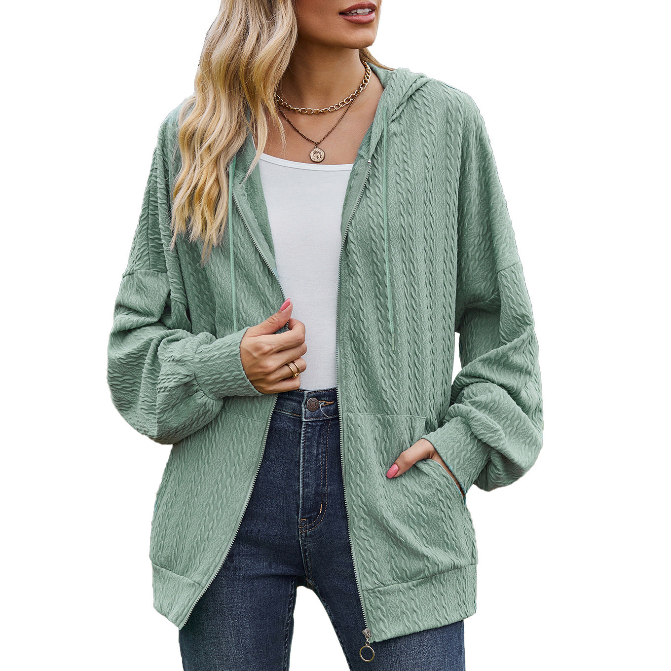 Solid Color Pocket Long-Sleeve Loose Hooded Sweatshirt