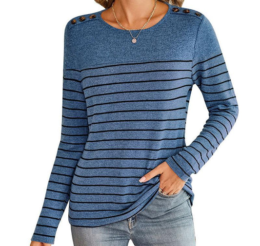 Striped Contrast Color Long Sleeve Button Top