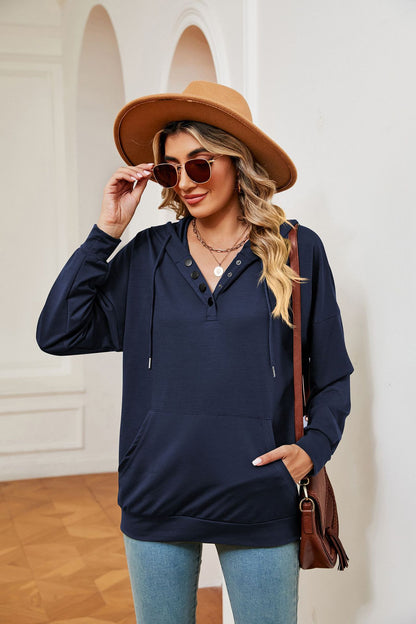 Solid Color Buttons Drawstring Pocket Loose Long-Sleeve Sweatershirt