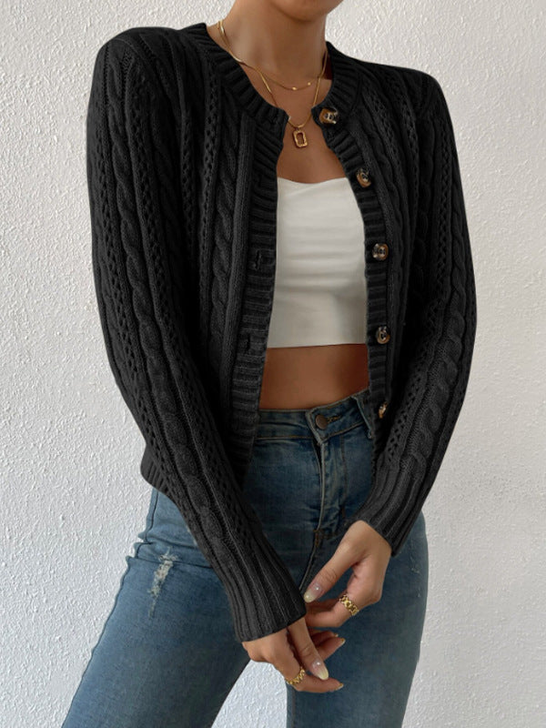 Round Neck Idle Twist Long Sleeve Sweater Cardigan