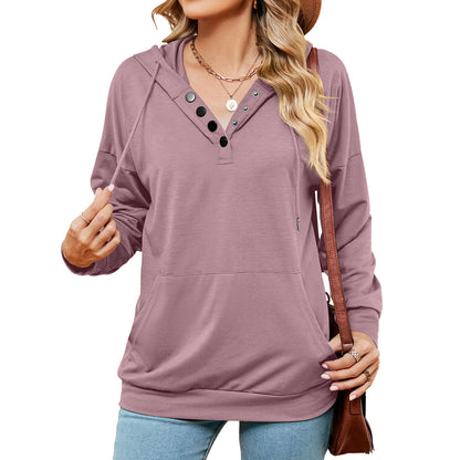 Solid Color Buttons Drawstring Pocket Loose Long-Sleeve Sweatershirt