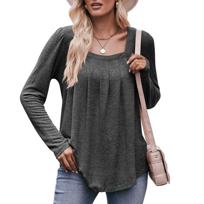 Casual Square Collar Pleated Long Sleeve Top