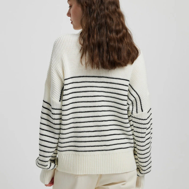 Striped Long Sleeve Zipper Pullover Knitted Sweater