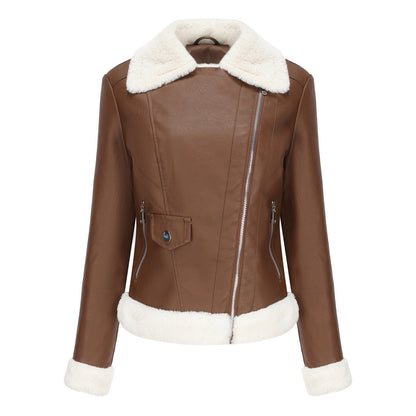 Fleece Leather European Warm Turn down Collar Coat Jacket