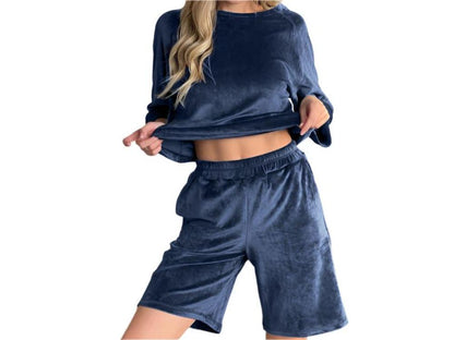 Velvet Warm Three Quarter Sleeve Shorts Two Piece Loungewear