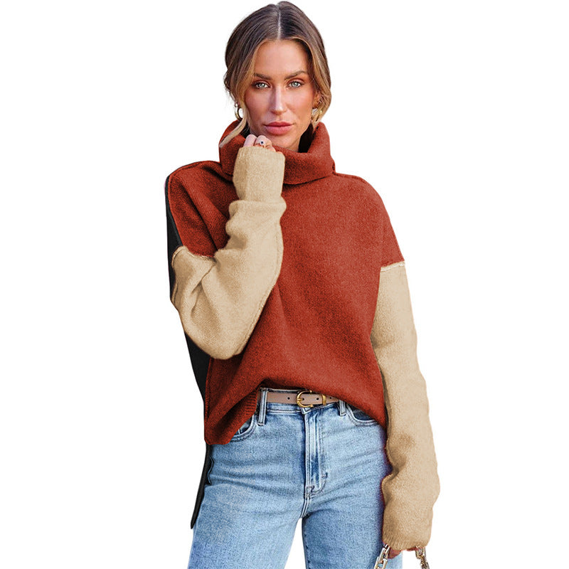 Contrast Color Pullover Turtleneck Sweater