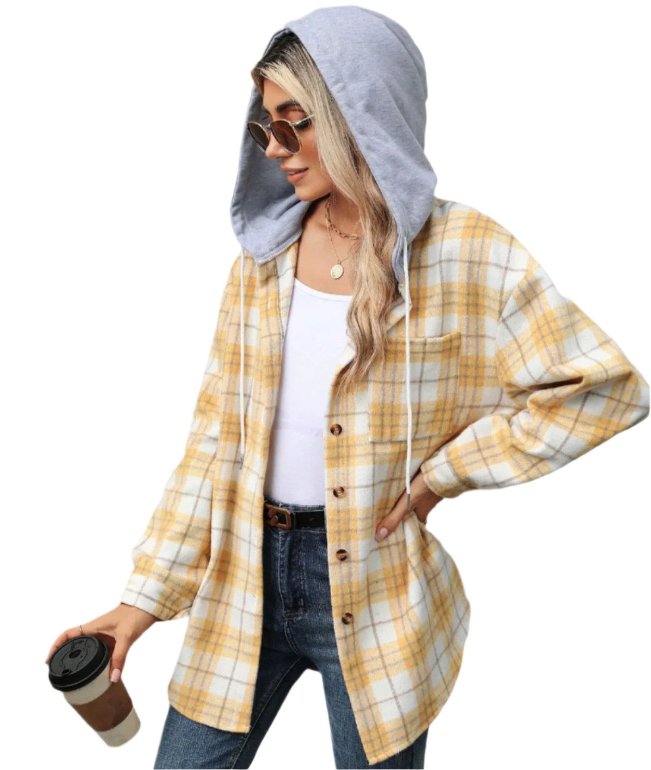 Plaid Contrast Color Hooded Woolen Coat