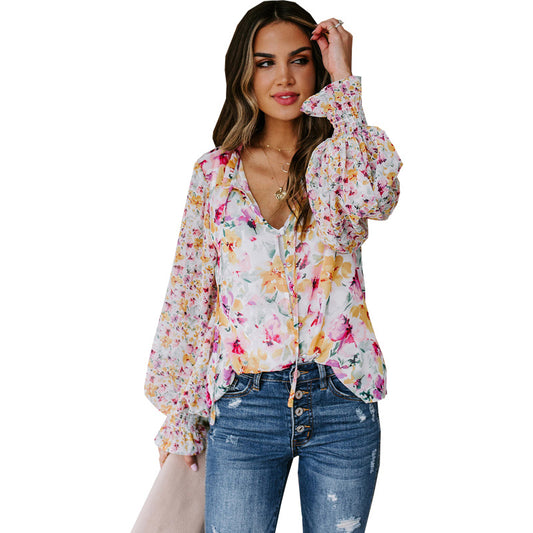 Floral Chiffon Lantern Sleeves Blouse