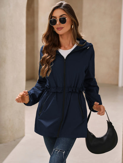 Rainproof Waterproof Ruffled Trim Hooded Trench Coat with Pockets