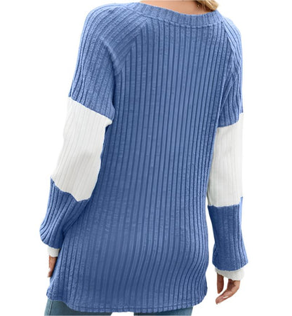 Long Sleeve Contrast Color Loose Sweater Top