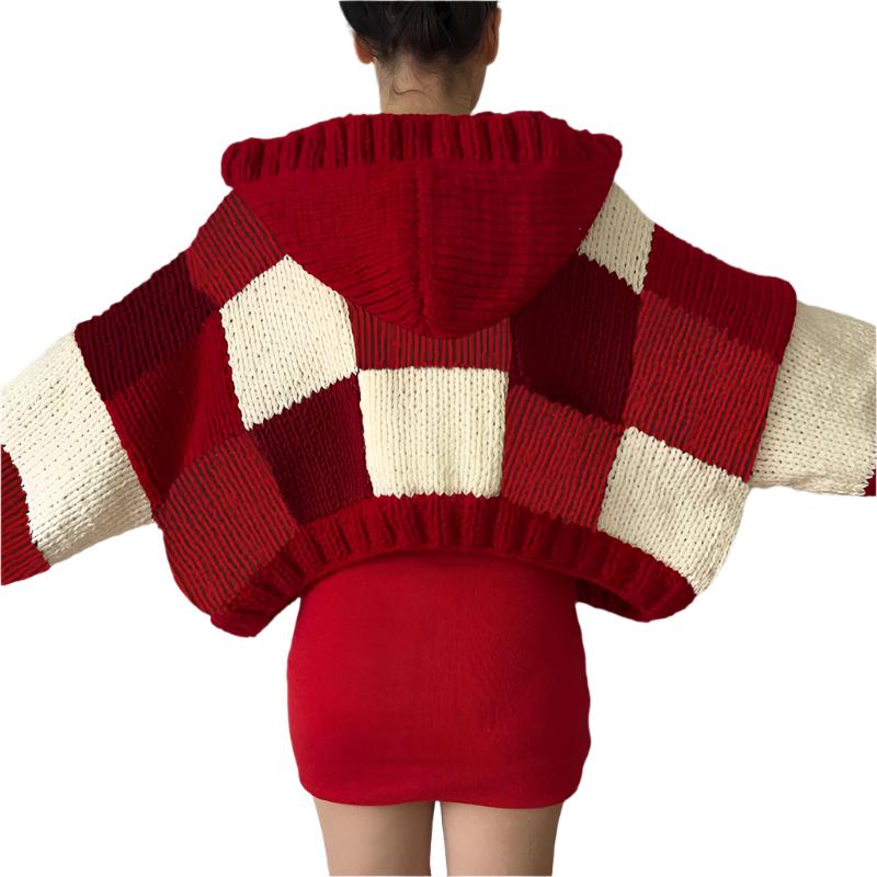 Hooded Button Plaid Knitted Cardigan