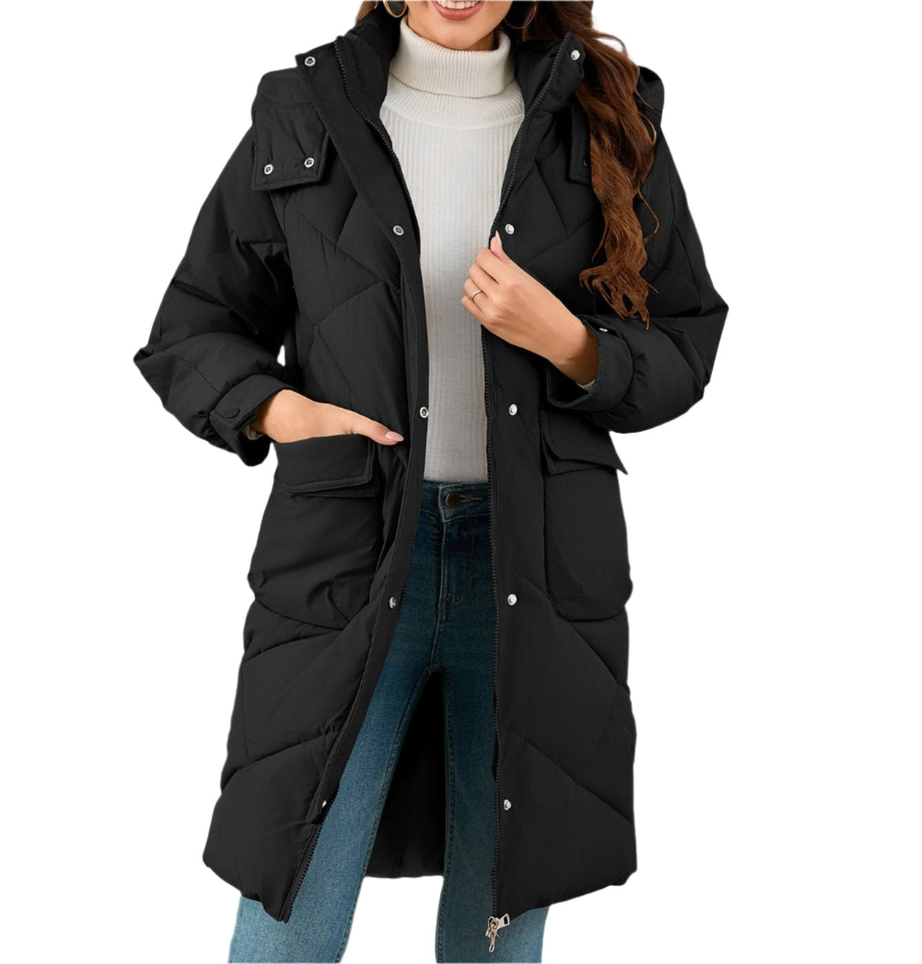 Stand Collar Mid Length Cotton Padded Coat