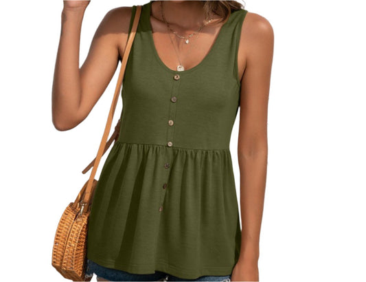 Solid Color Pleated Sleeveless Buttons Sexy Vest Top