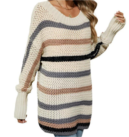 Off Shoulder Knitted Casual Loose Batwing Sleeve Striped Sweater