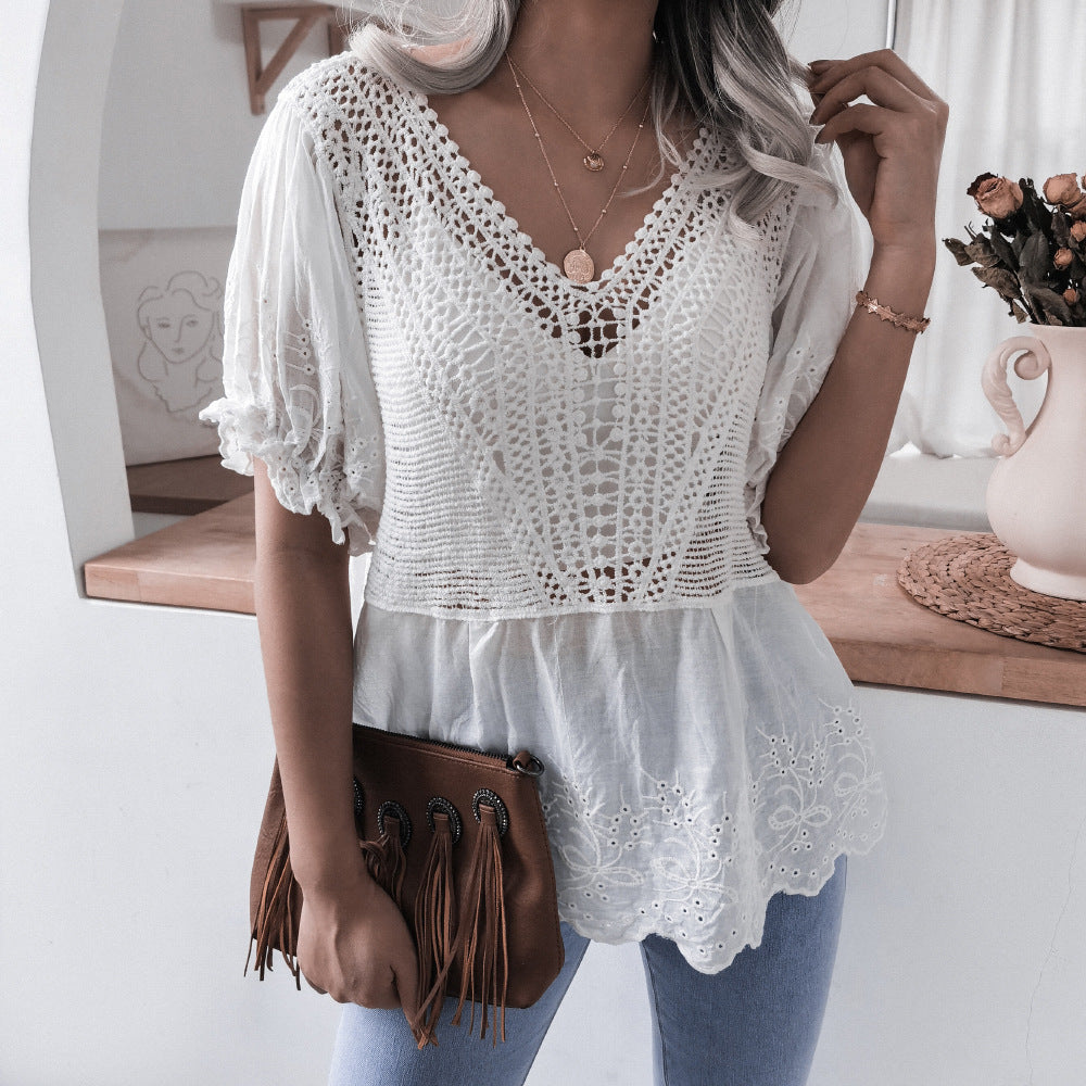 Casual Embroidery Ruffled Short Sleeves V-Neck Crocheted Hollow Cutout Lace Blouse