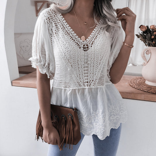 Casual Embroidery Ruffled Short Sleeves V-Neck Crocheted Hollow Cutout Lace Blouse