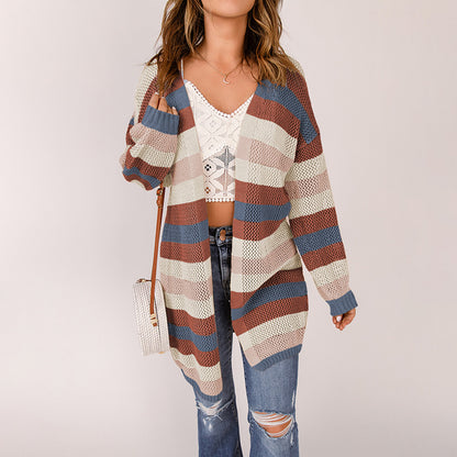 Striped Contrast Color Mid Length Long Sleeve Cardigan